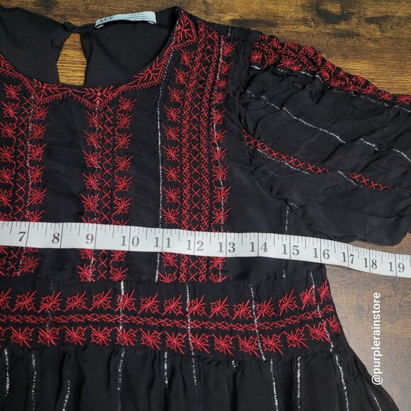 Zara Baby Doll Mini Dress S Chiffon Floral Embroidered Silver Metallic Detail - Picture 5 of 9